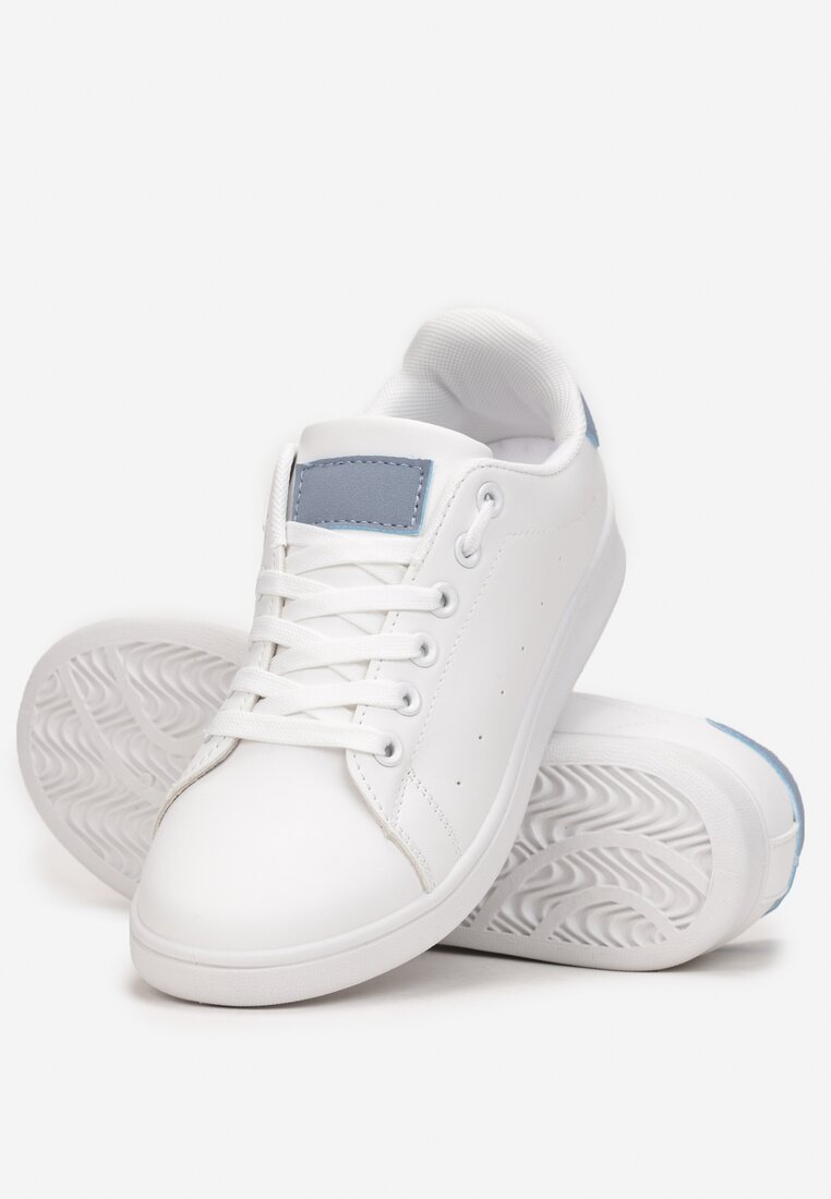 Biało-Niebieskie Wiązane Sneakersy na Płaskiej Podeszwie z Przeszyciami Ereath