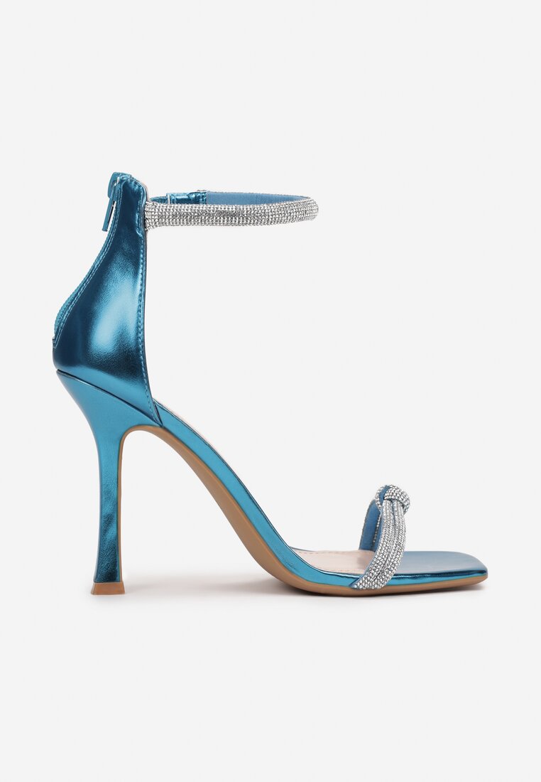 Niebieskie Sandały z Kwadratowym Noskiem i Cyrkoniami Palladia