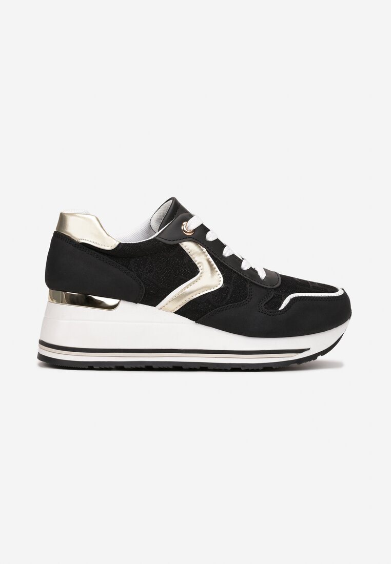 Czarno-Złote Sznurowane Sneakersy na Podeszwie z Koturnem Isies
