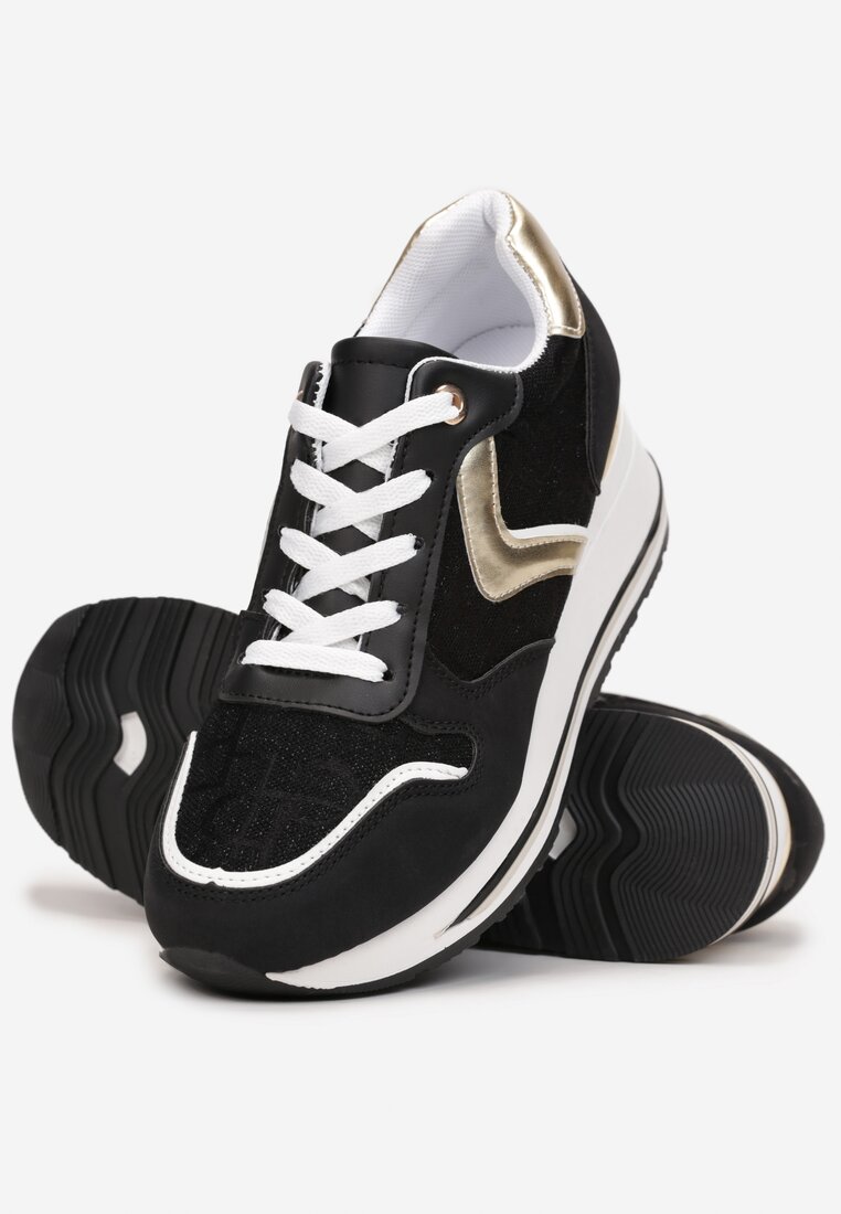 Czarno-Złote Sznurowane Sneakersy na Podeszwie z Koturnem Isies