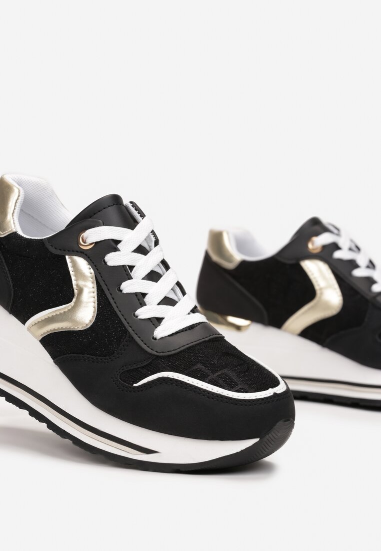 Czarno-Złote Sznurowane Sneakersy na Podeszwie z Koturnem Isies
