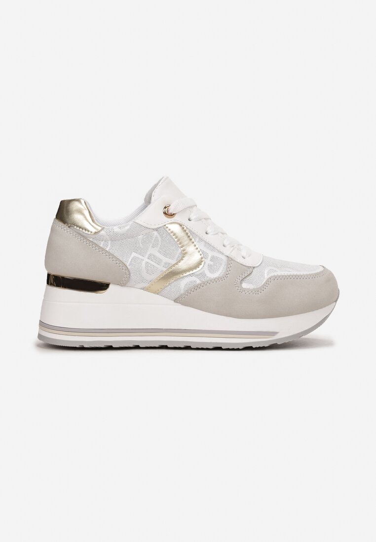 Biało-Złote Sznurowane Sneakersy na Podeszwie z Koturnem Isies