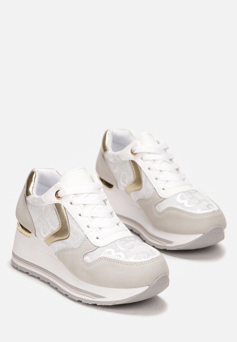 Biało-Złote Sznurowane Sneakersy na Podeszwie z Koturnem Isies