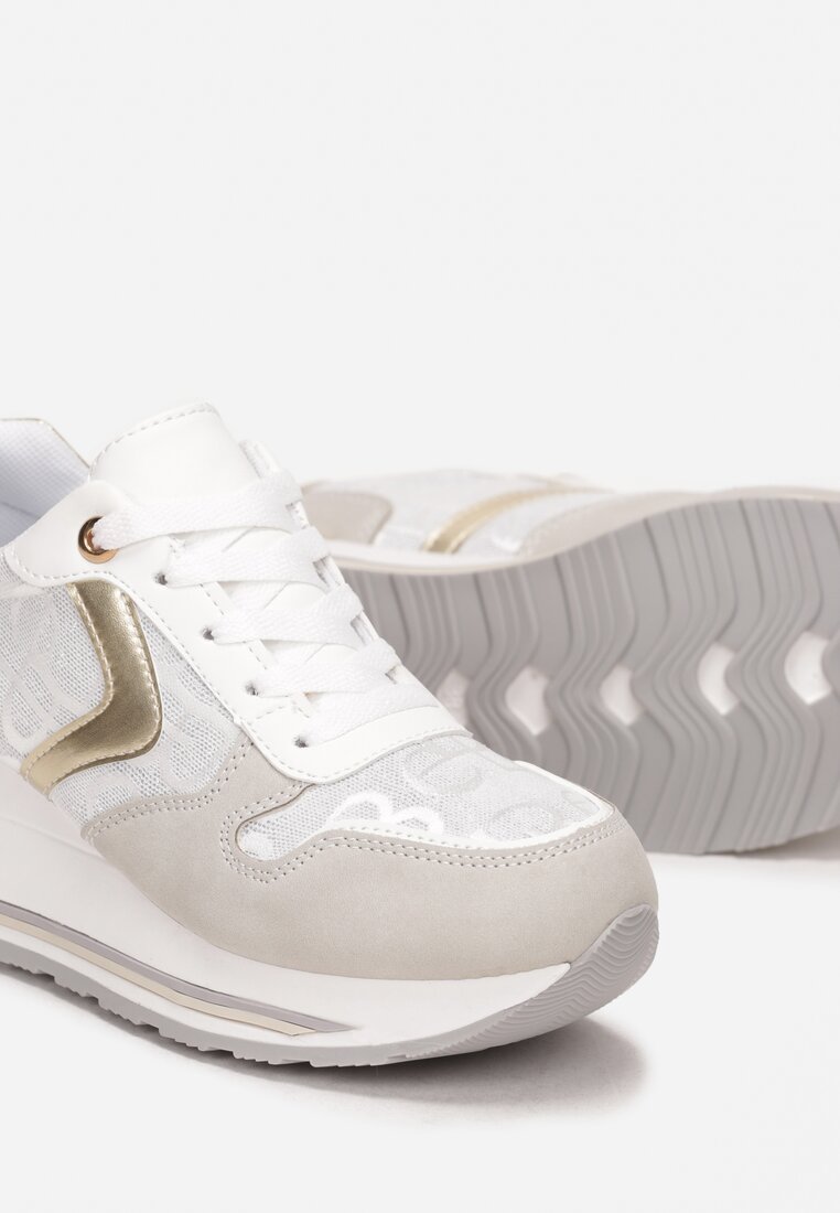 Biało-Złote Sznurowane Sneakersy na Podeszwie z Koturnem Isies