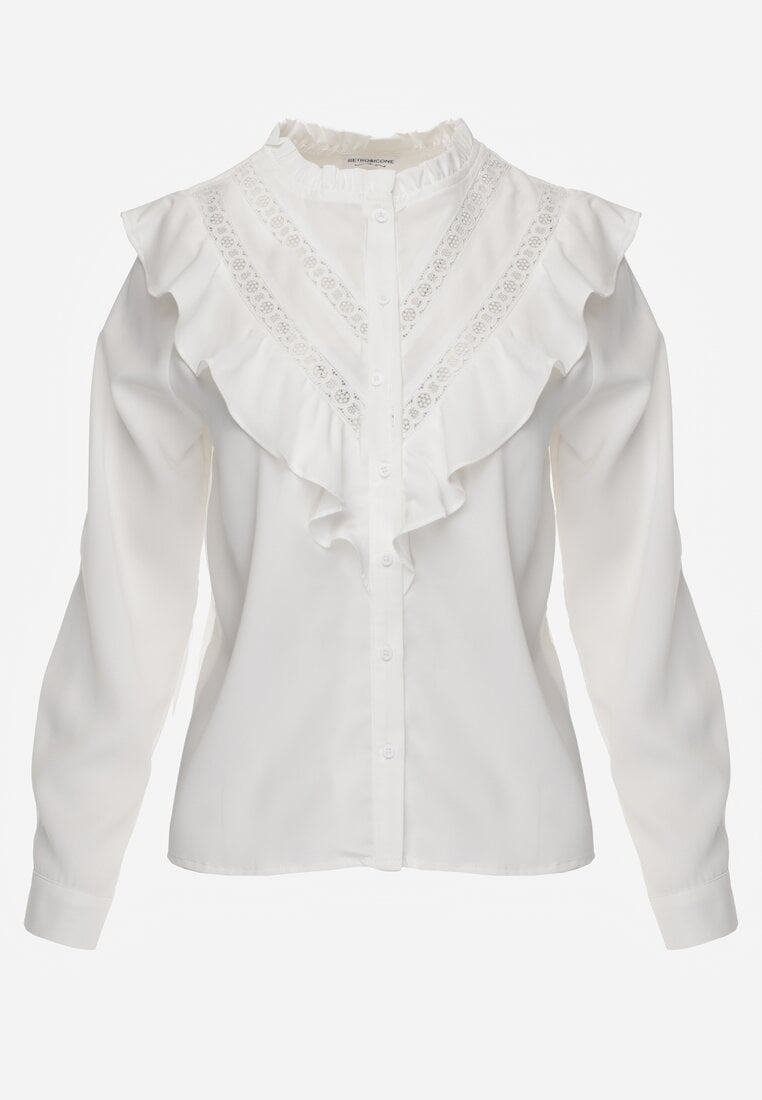 Biała Koszula z Falbanami i Koronkowymi Wstawkami Eletoma