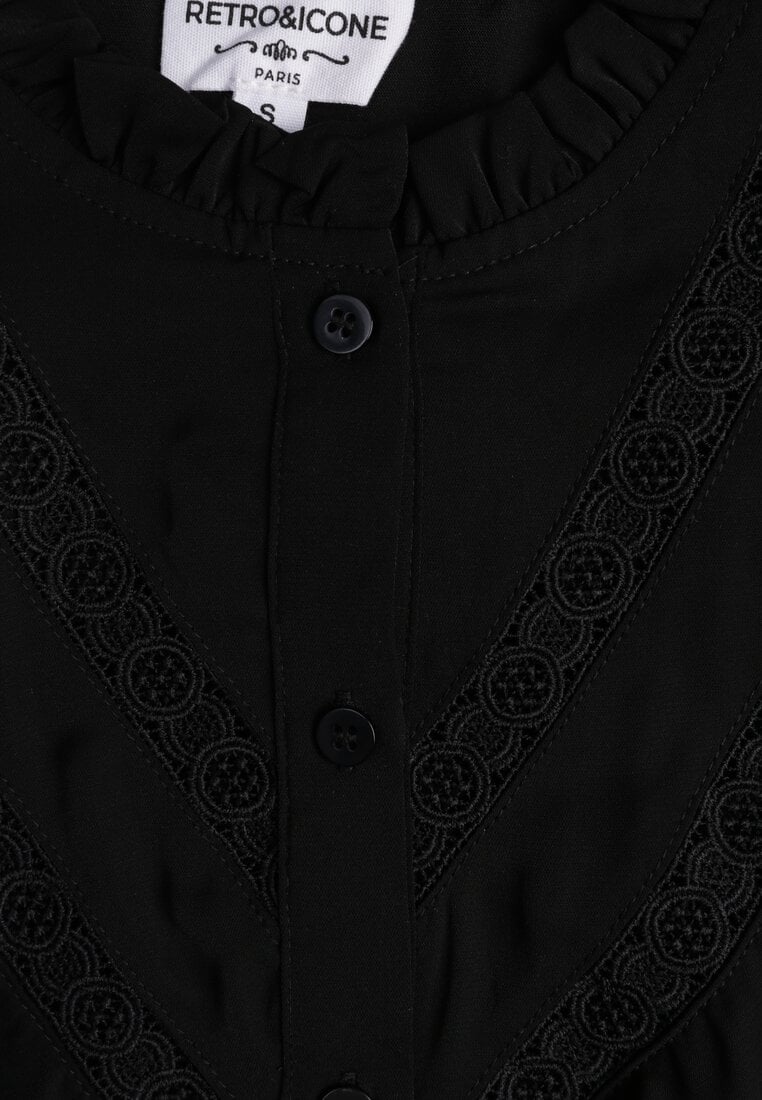 Bluză Neagră cu Volane și Inserții de Dantelă Eletoma