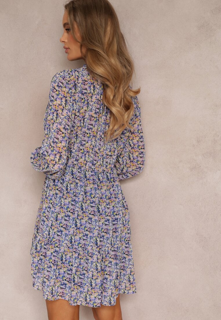 Rochie Mini Evazată Mov cu Flori și Elastic în Talie Antonette