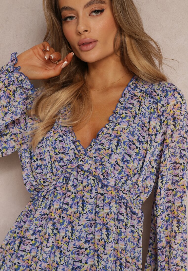 Rochie Mini Evazată Mov cu Flori și Elastic în Talie Antonette