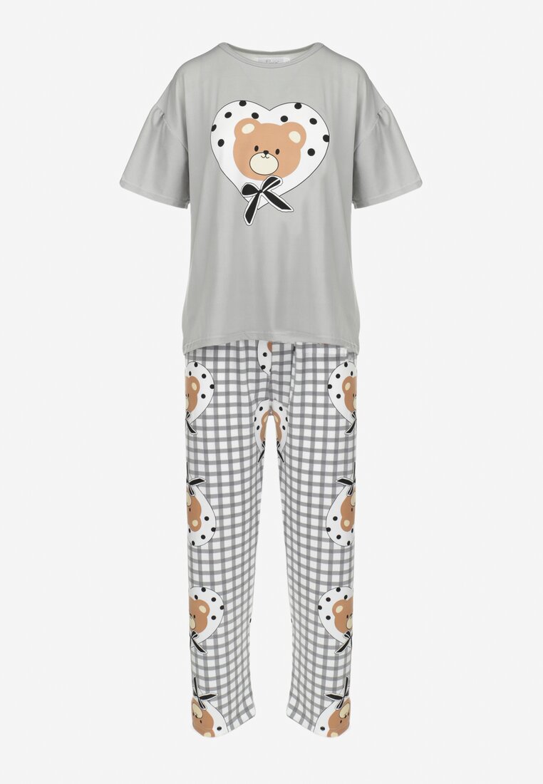 Szary 3-częściowy Komplet Piżamowy: T-shirt Szorty i Spodnie Nireshe