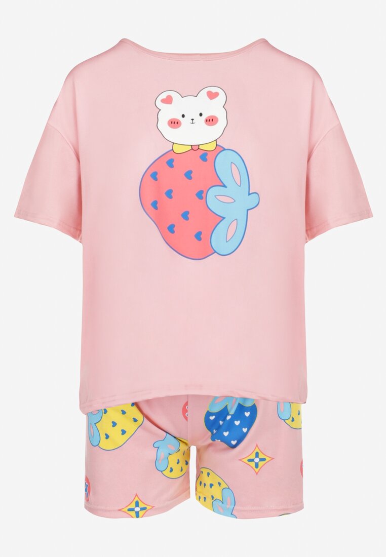 Różowy 3-częściowy Komplet Piżamowy: T-shirt Szorty i Spodnie Nireshe