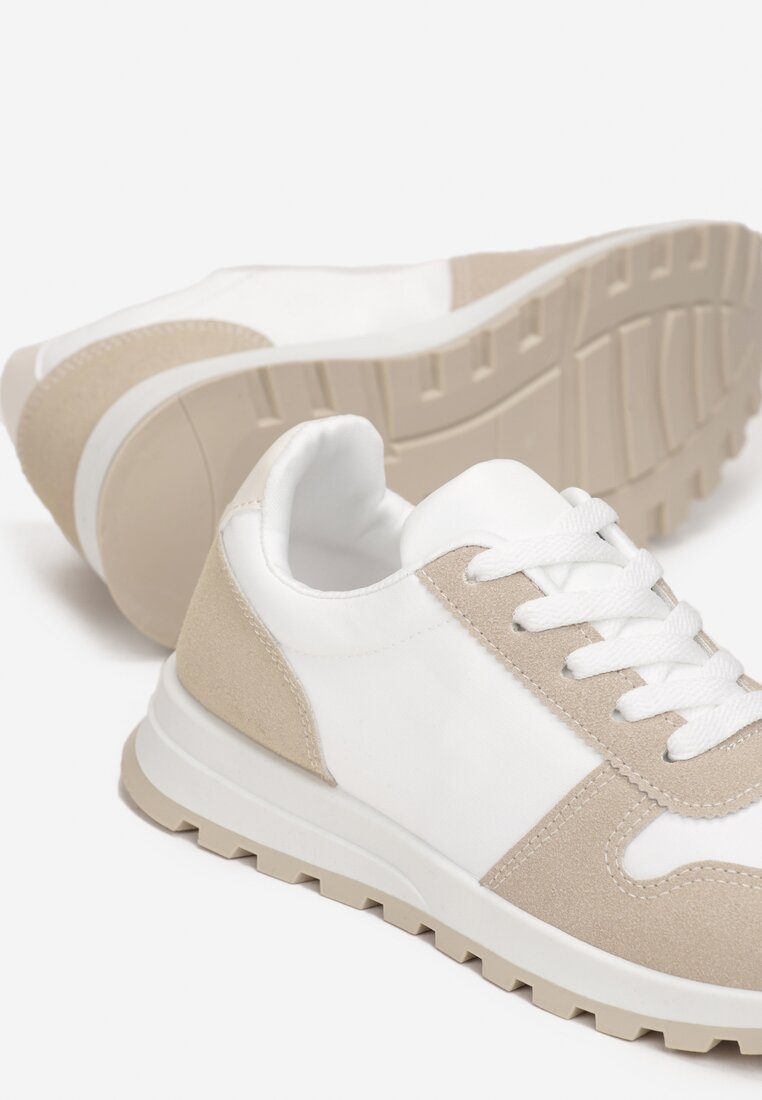 Biało-Beżowe Sznurowane Sneakersy na Płaskiej Podeszwie z Wycięciami i Wstawkami Zaylynn