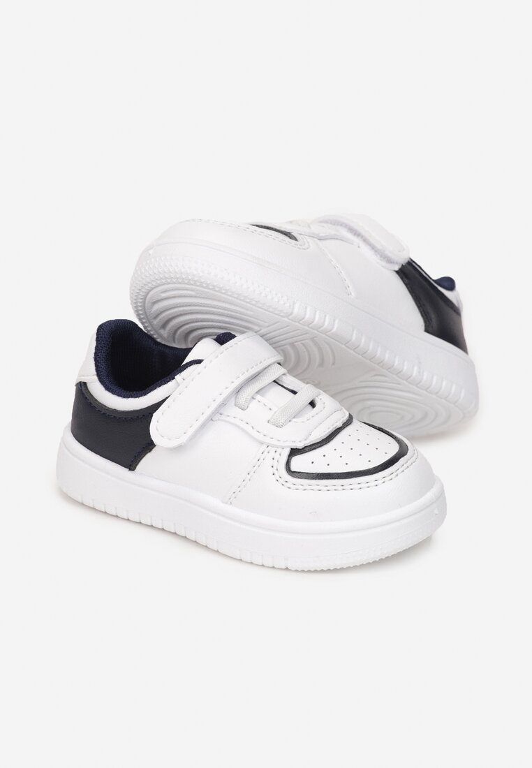 Biało-Granatowe Płaskie Buty Sportowe Sneakersy ze Skórzaną Wkładką i Perforacją Lavanora