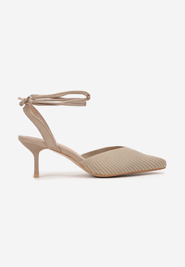 Ciemnobeżowe Sandały na Szpilce Wiązane Wokół Kostki Nokasa