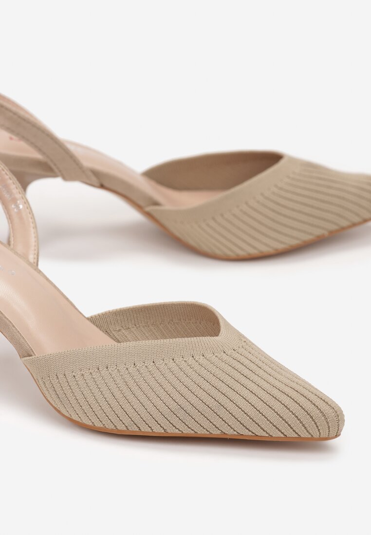 Ciemnobeżowe Sandały na Szpilce Wiązane Wokół Kostki Nokasa