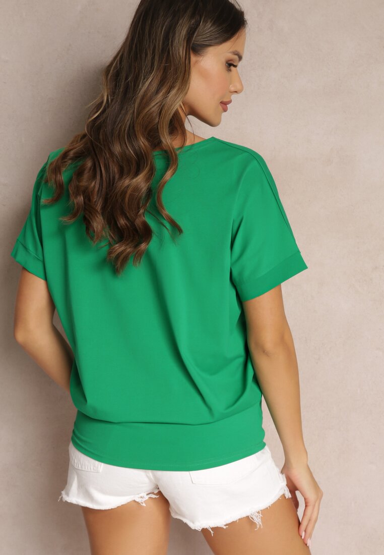 Zielony Gładki T-shirt z Krótkim Rękawem Typu Nietoperz Brynne