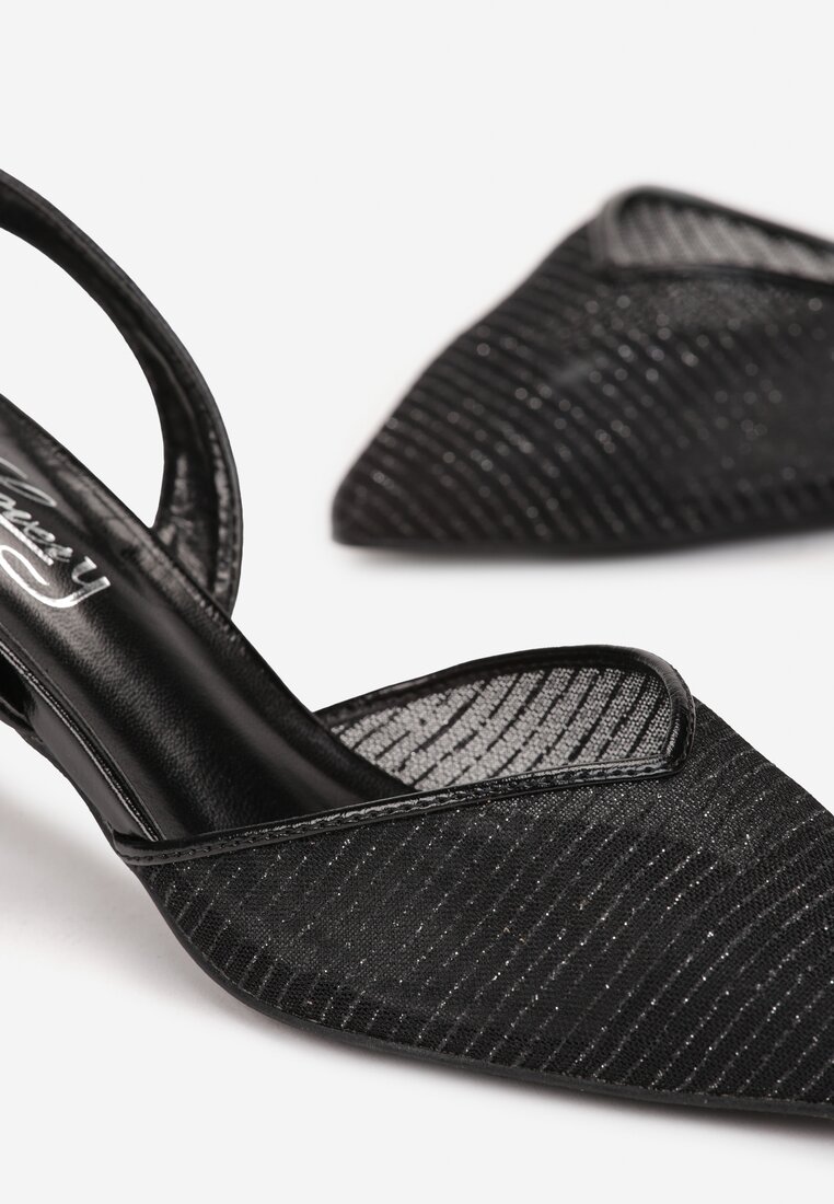 Czarne Brokatowe Sandały ze Szpiczastym Transparentnym Noskiem na Szpilce Liliasa
