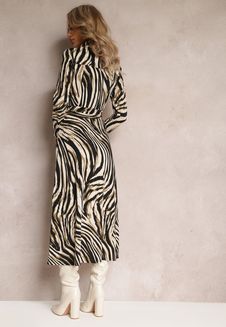 Ciemnozielona Koszulowa Sukienka ze Zwierzęcym Wzorem z Materiałowym Paskiem Mariette