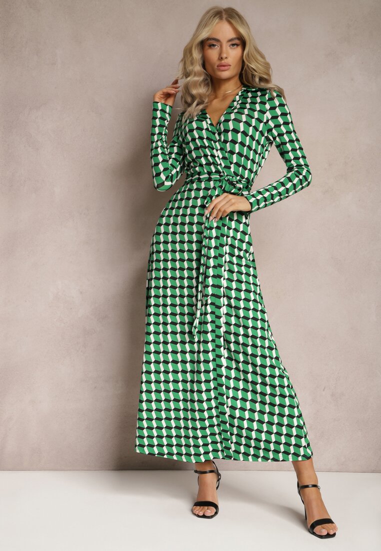 Zielona Sukienka Kopertowa Wiązana w Pasie w Geometryczny Wzór Joliyah