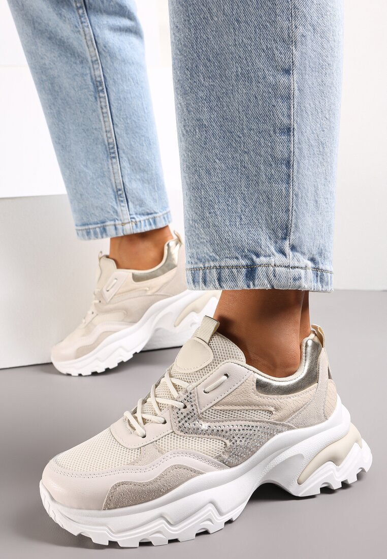 Beżowe Sneakersy na Grubej Podeszwie z Cyrkoniami Jholie