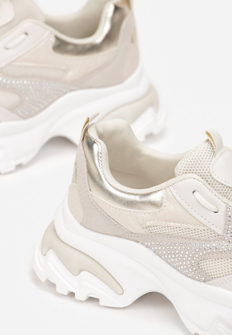 Beżowe Sneakersy na Grubej Podeszwie z Cyrkoniami Jholie