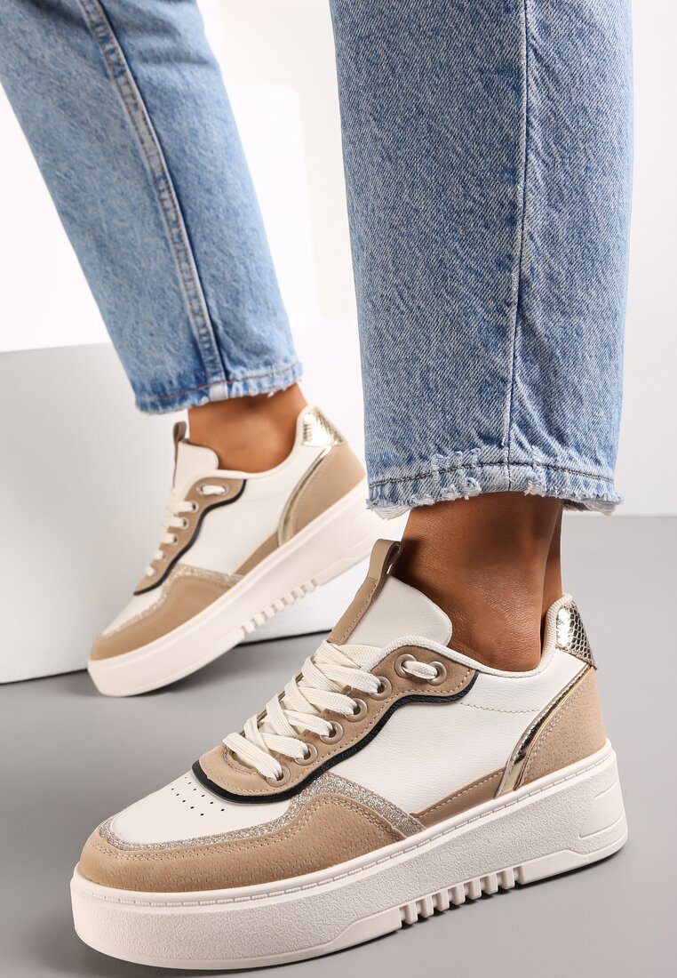 Ciemnobeżowe Sneakersy z Brokatowymi Wstawkami Nickole