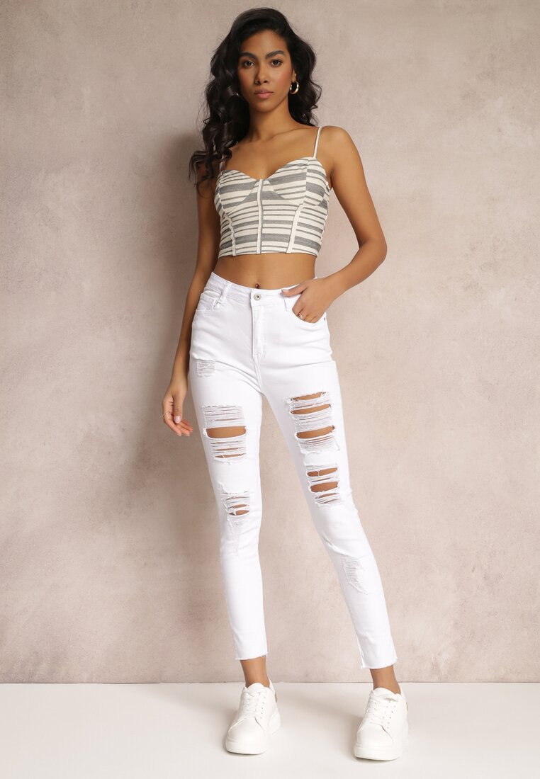 Białe Jeansy Skinny z Przetarciami na Nogawkach Aliyana