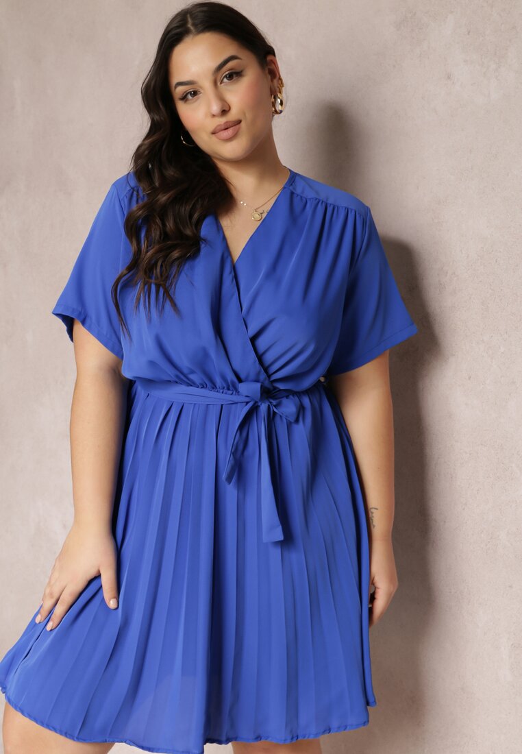Rochie Albastră cu Elastic în Talie și Decolteu Petrecut Azrah
