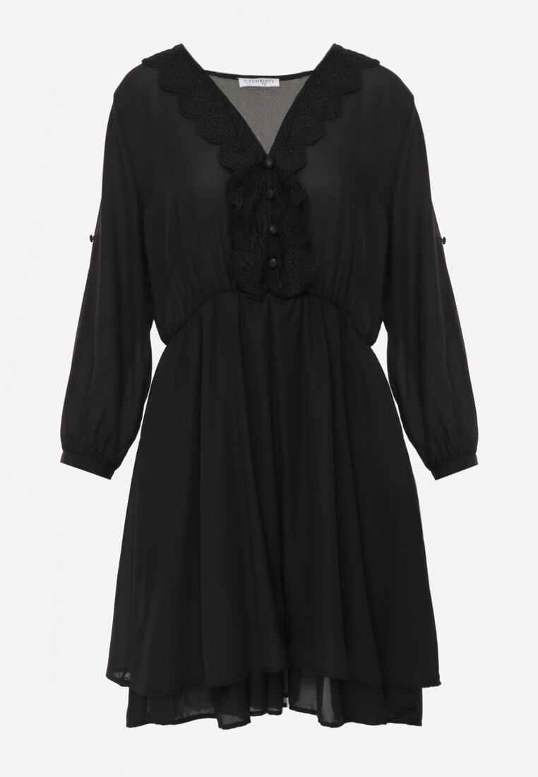 Rochie Neagră Mini cu Elastic în Talie și Inserții din Dantelă Kelia