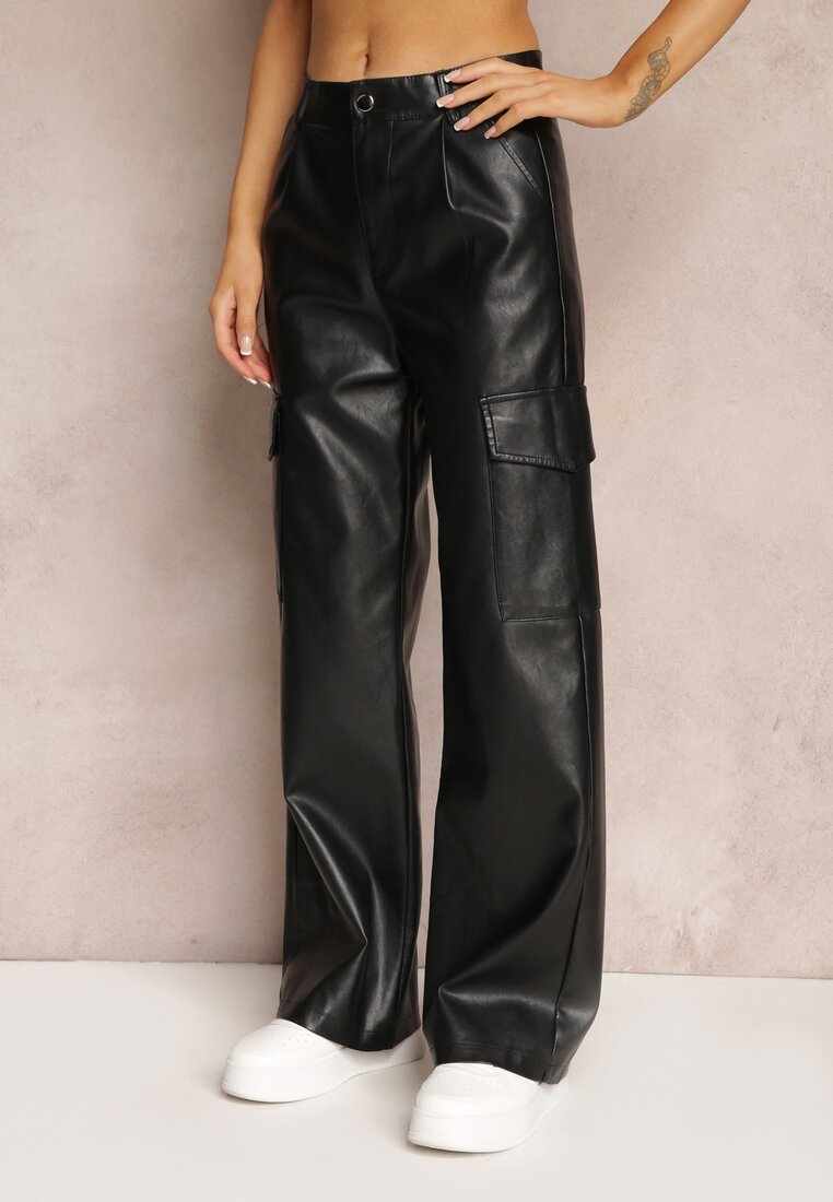 Czarne Szerokie Spodnie z Wysokim Stanem z Imitacji Skóry Alymia