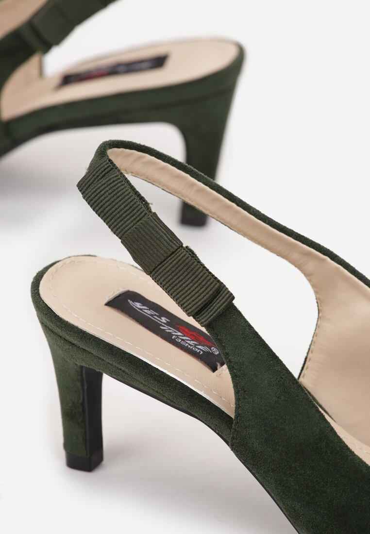 Zielone Wsuwane Sandały z Imitacji Zamszu na Szpilce z Noskiem w Szpic Luisari