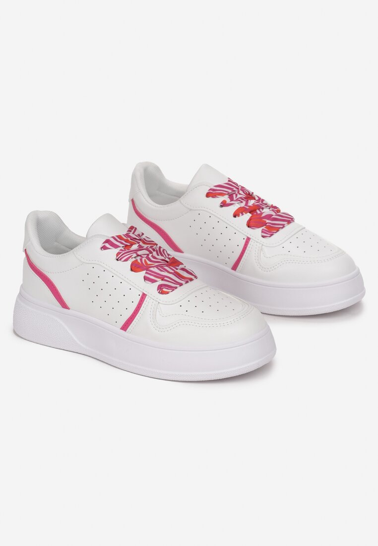 Biało-Różowe Sneakersy na Grubej Podeszwie z Ozdobnymi Wstawkami i Sznurowadłami Elliette