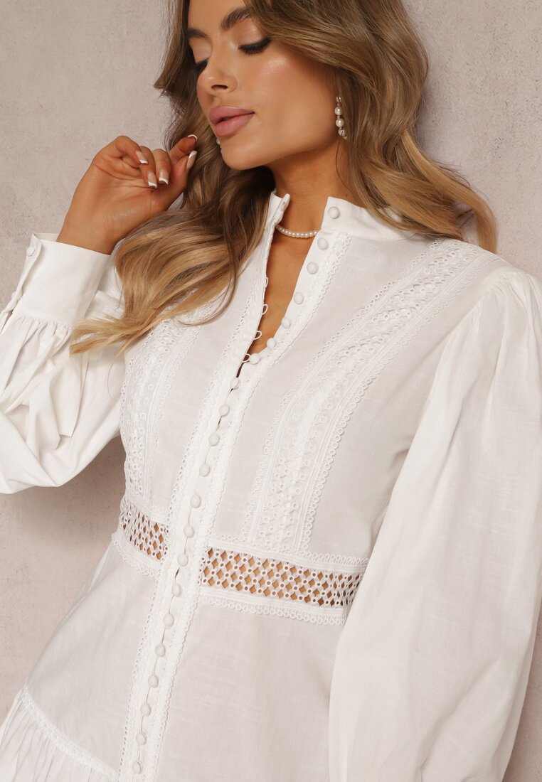 Biała Koszulowa Sukienka Bawełniana z Koronką i Gumkami w Pasie Nariman