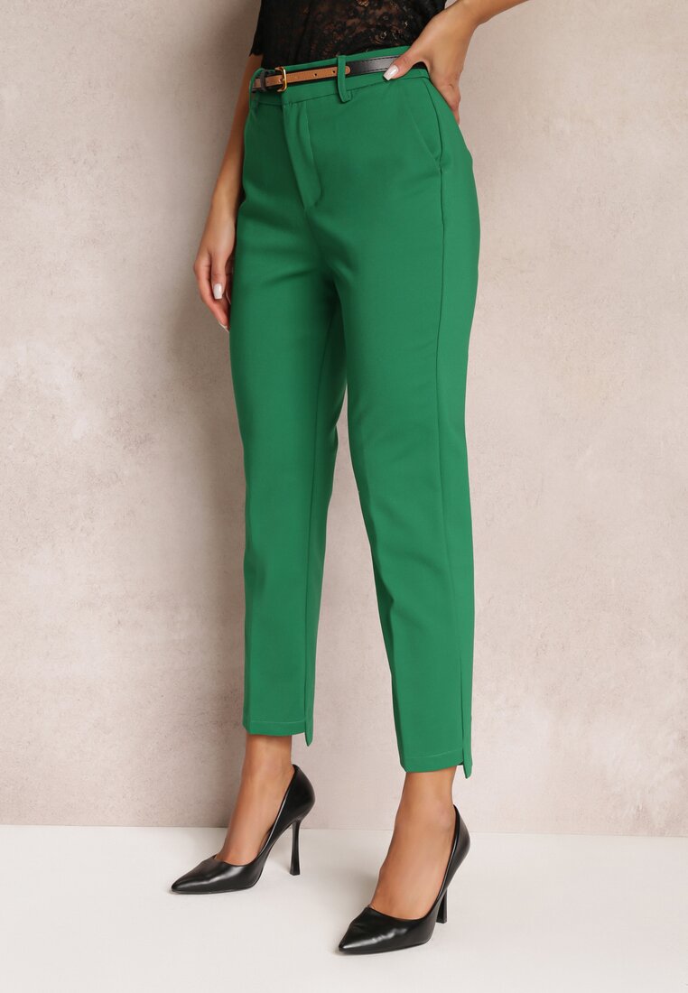 Zielone Garniturowe Spodnie z Dodatkowym Paskiem i Wsuwanymi Kieszeniami Cassanthea