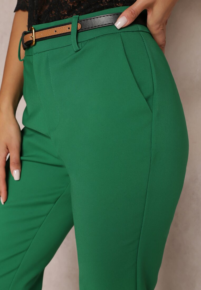 Zielone Garniturowe Spodnie z Dodatkowym Paskiem i Wsuwanymi Kieszeniami Cassanthea