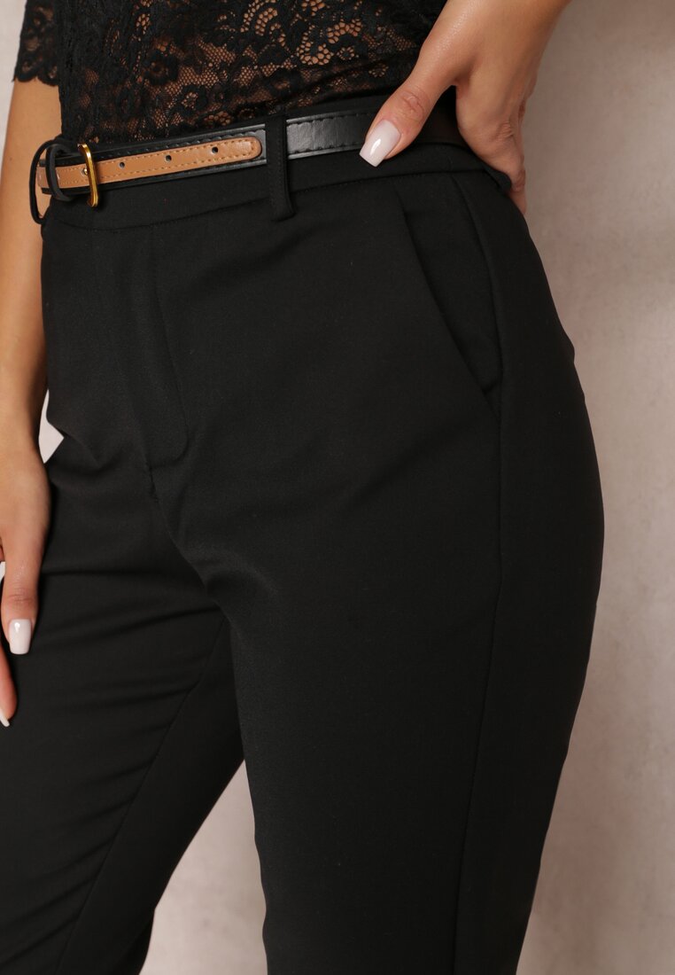 Czarne Garniturowe Spodnie z Dodatkowym Paskiem i Wsuwanymi Kieszeniami Cassanthea