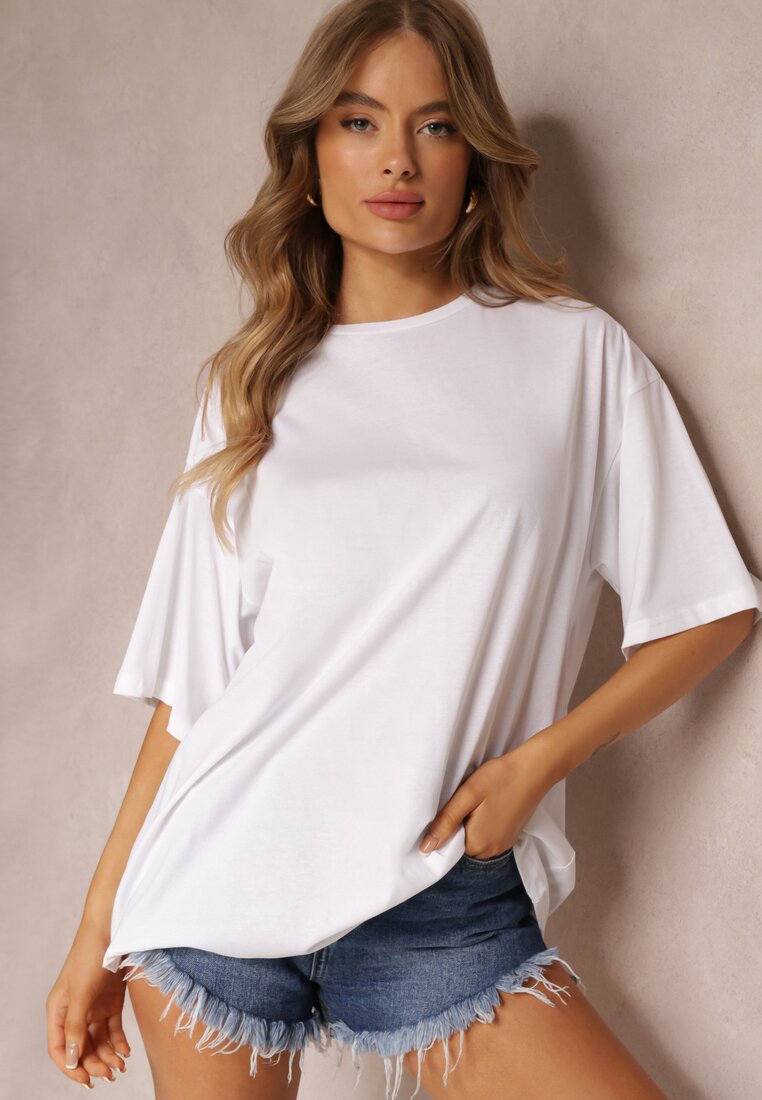 Biały T-shirt Oversize z Szerokim Rękawem Alinora