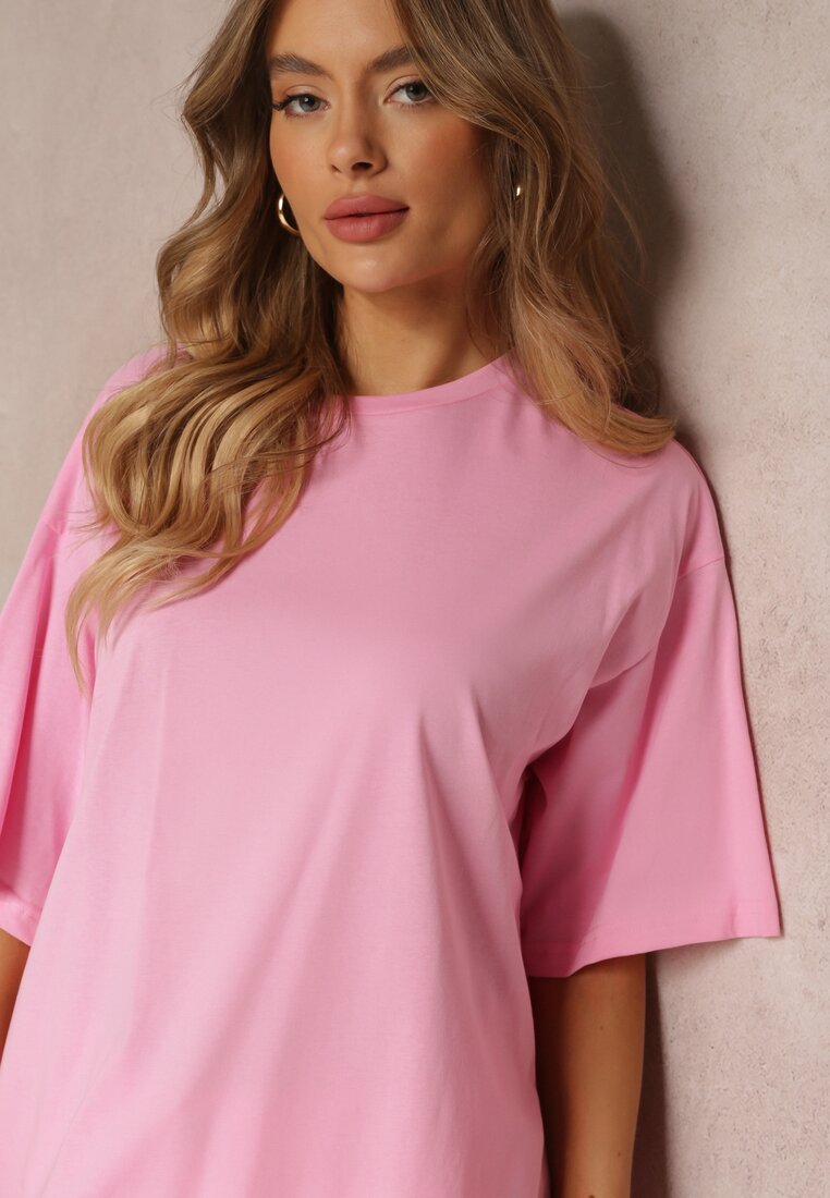 Różowy T-shirt Oversize z Szerokim Rękawem Alinora