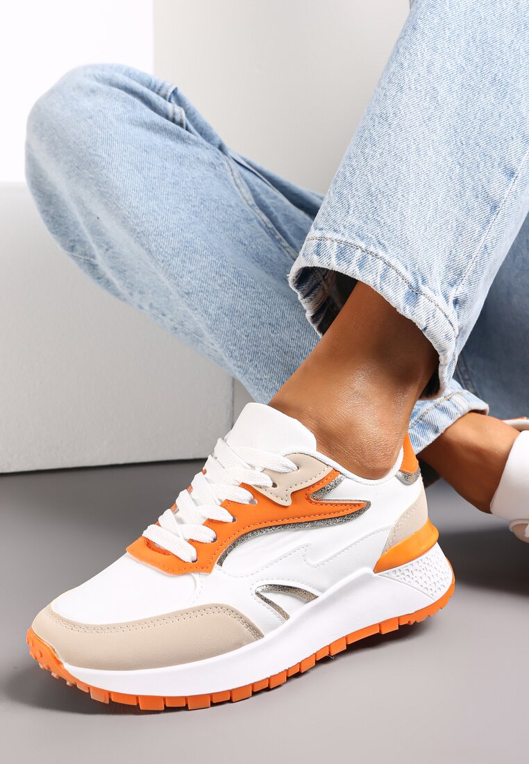 Biało-Pomarańczowe Sznurowane Sneakersy na Grubej Podeszwie Kylynn