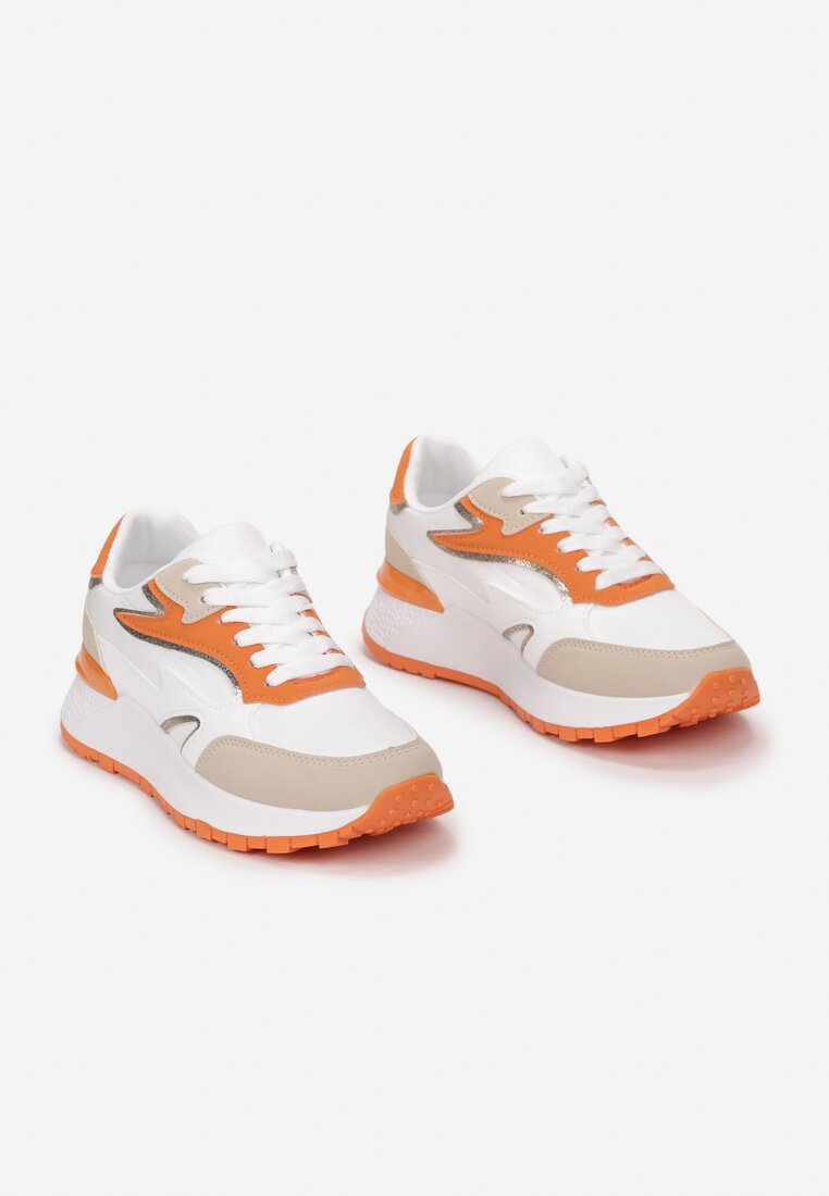 Biało-Pomarańczowe Sznurowane Sneakersy na Grubej Podeszwie Kylynn