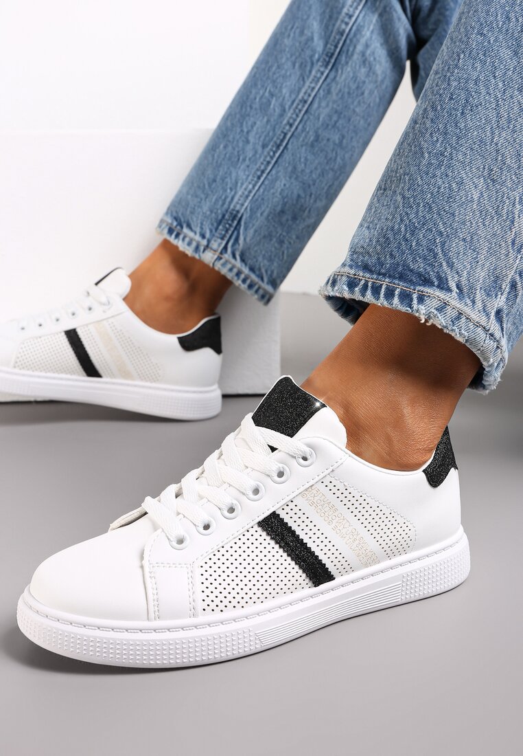 Biało-Czarne Sneakersy Sznurowane z Brokatem Celiyah