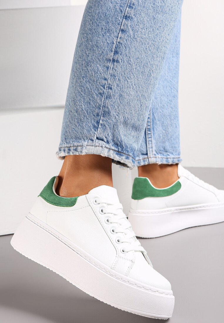 Biało-Zielone Sneakersy z Kolorowym Zapiętkiem na Platformie Sirendia