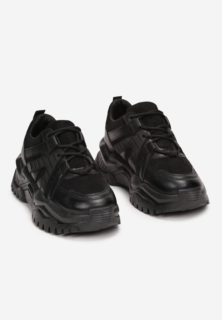 Czarne Sneakersy Sznurowane na Grubej Podeszwie Releta