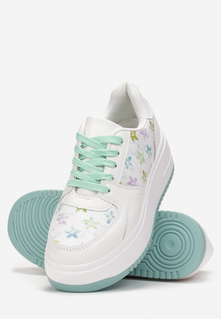 Biało-Zielone Sneakersy na Platformie z Nadrukiem w Kwiaty Chedora