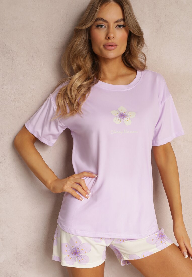 Fioletowy Komplet Piżamowy z Koszulką z Krótkim Rękawem i Szortami w Kwiaty Faela