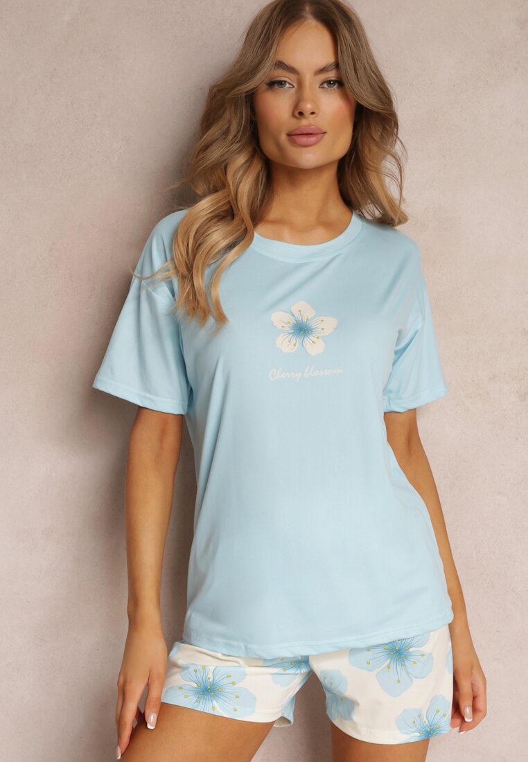 Niebieski Komplet Piżamowy z Koszulką z Krótkim Rękawem i Szortami w Kwiaty Faela