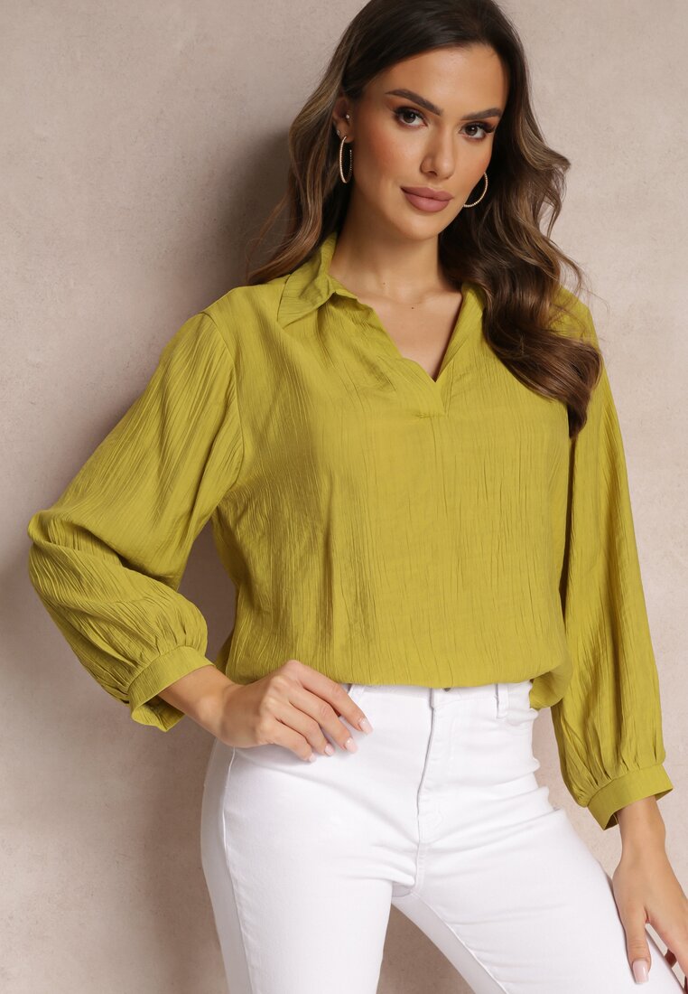 Bluză Verde-Deschis cu Guler și Talie Largă Yolalline