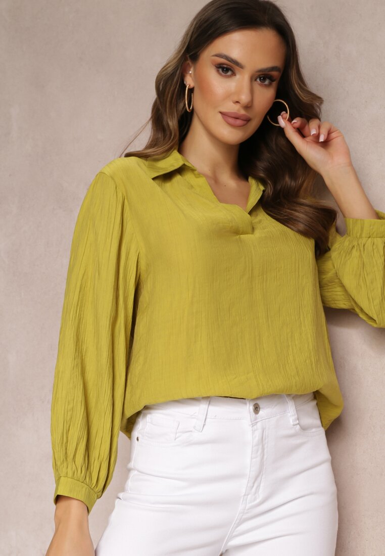 Bluză Verde-Deschis cu Guler și Talie Largă Yolalline