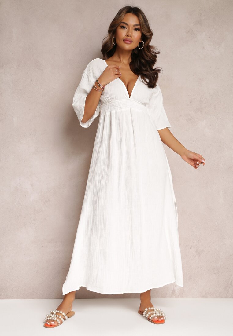Biała Rozkloszowana Sukienka Maxi z Głębokimi Wycięciami i Gumką w Talii Thanthea