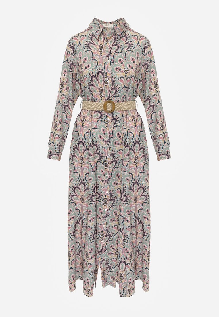 Miętowo-Różowa Koszulowa Sukienka z Dodatkowym Paskiem i Podpinanymi Rękawami Alonie