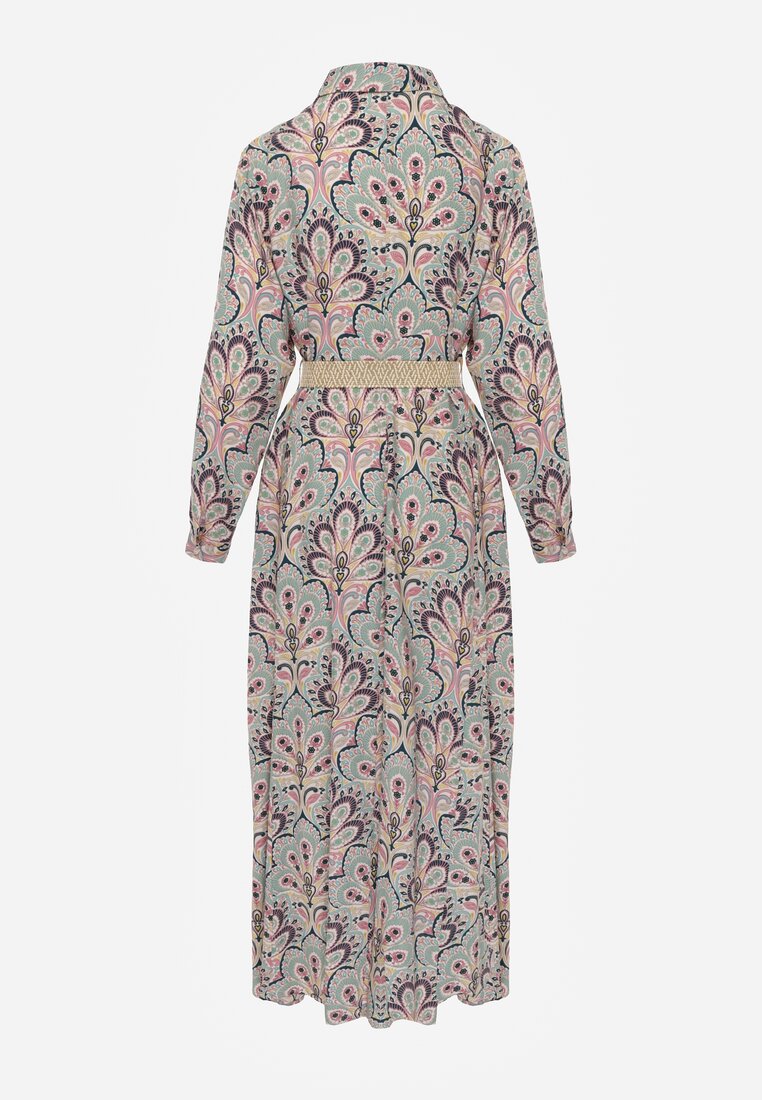 Miętowo-Różowa Koszulowa Sukienka z Dodatkowym Paskiem i Podpinanymi Rękawami Alonie